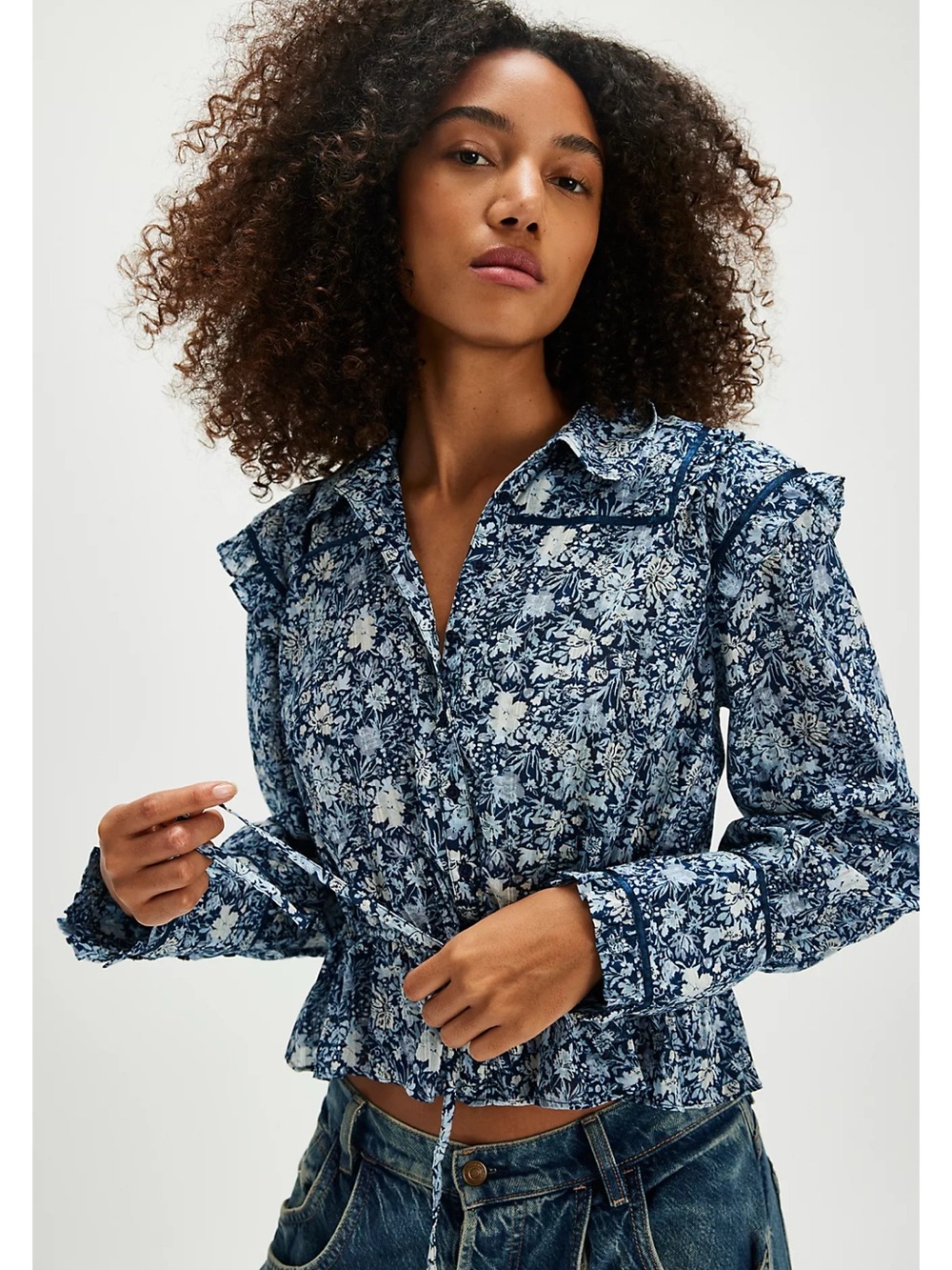 Free People Blue Floral Frae Daybreak Blouse Ruffle Feminine Women’s Size M